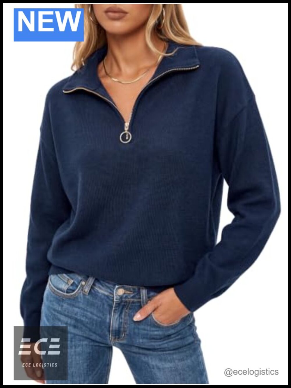 Cotton Quarter Zip Pullover Sweater Collared V-Neck Women Casual